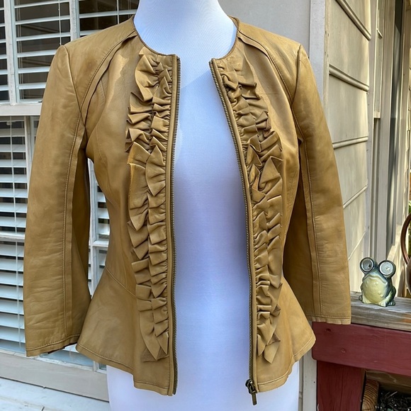 TORY BURCH Peplum Camel Leather Jacket Size 2 - Picture 2 of 14